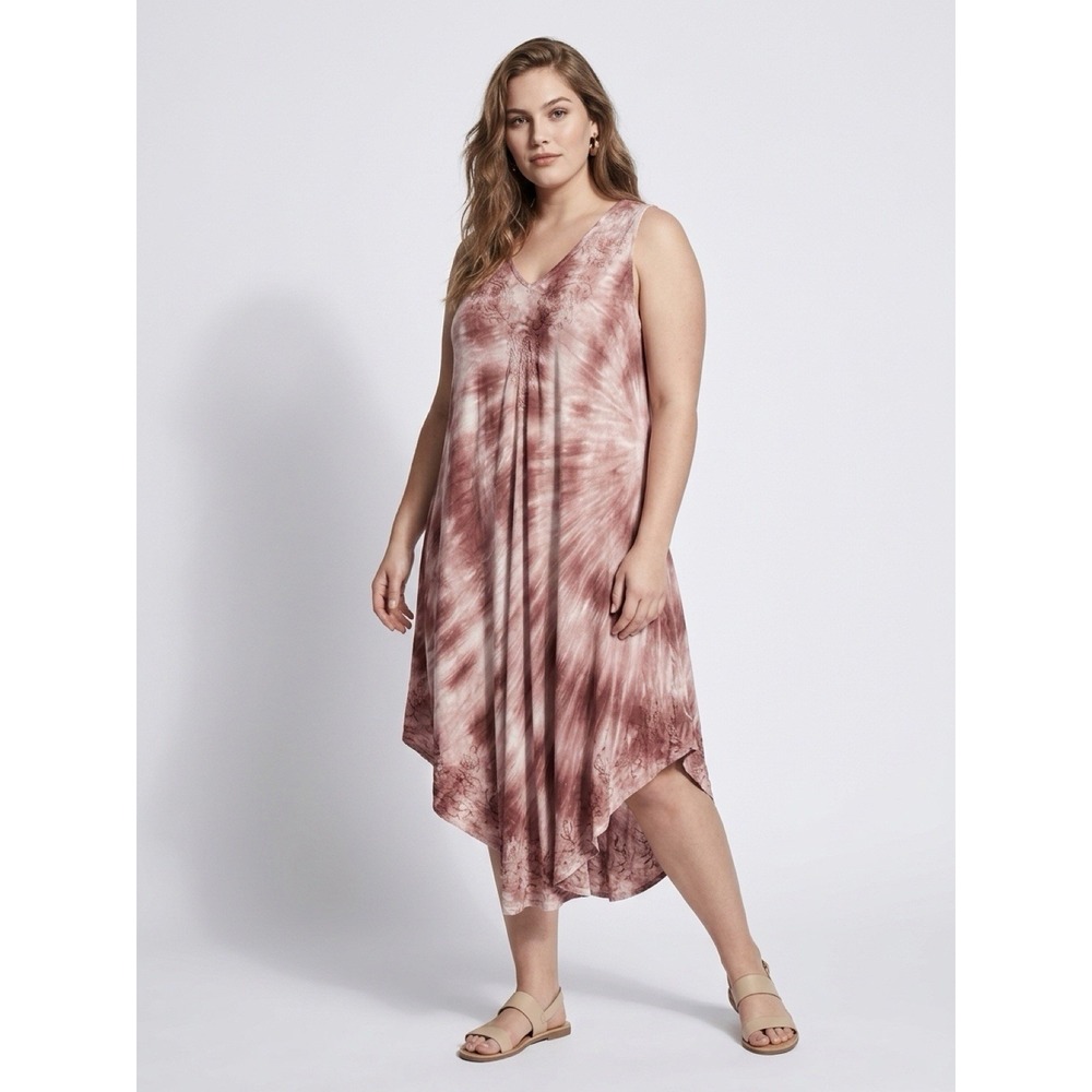 Tie Dye Midi Sleeveless Flowy Pink Embroidered Dress One Size Beachy Boho Hippie